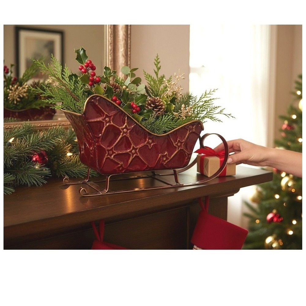 Metal Christmas Sleigh Small Burgundy Red Gold Trim Holiday Decor